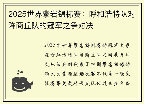 2025世界攀岩锦标赛：呼和浩特队对阵商丘队的冠军之争对决